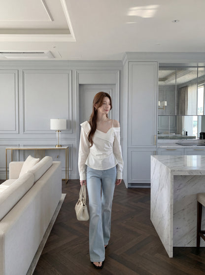 不對稱交叉領露肩小衫