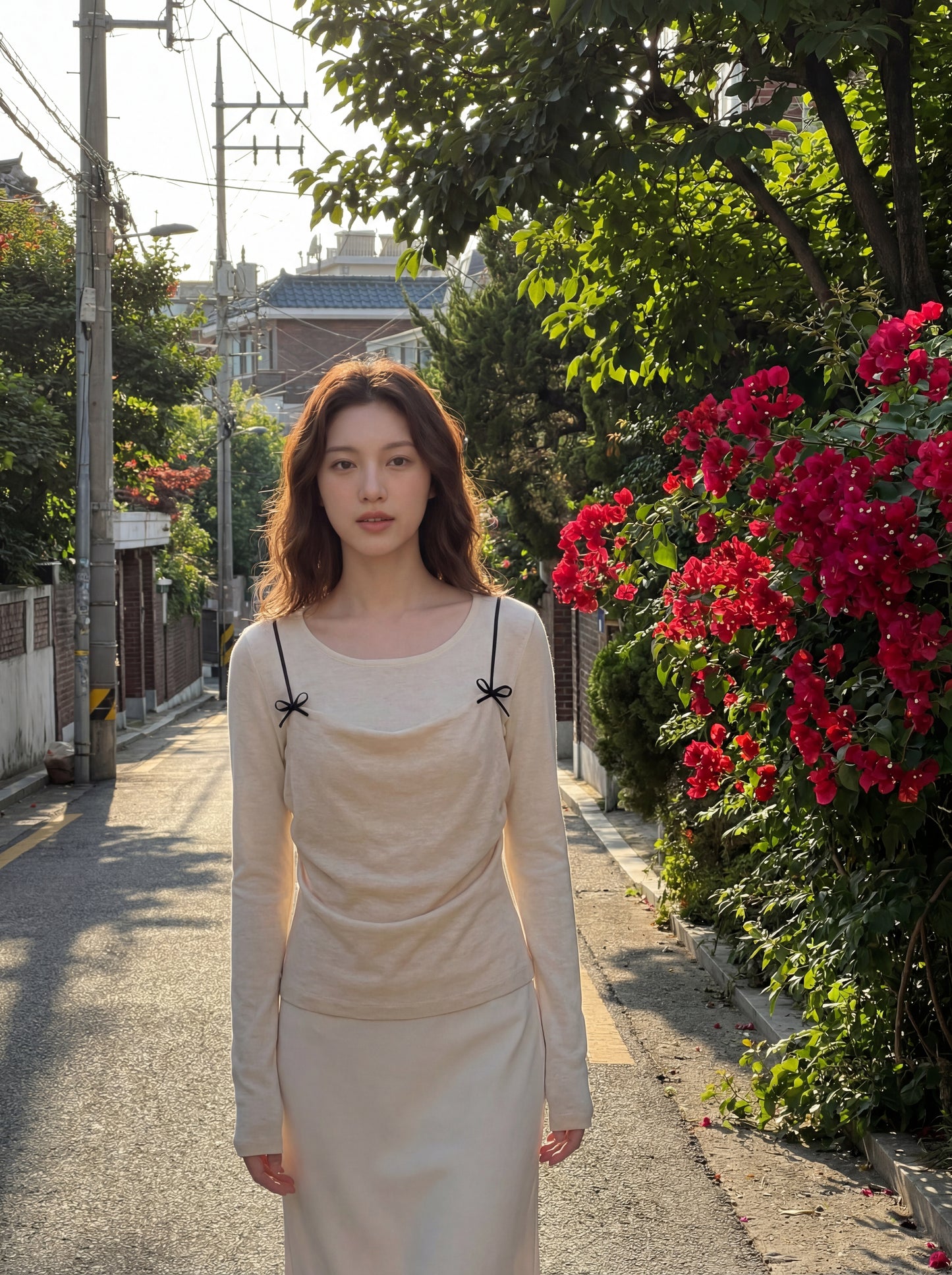 春季蝴蝶結吊帶假兩件針織衫