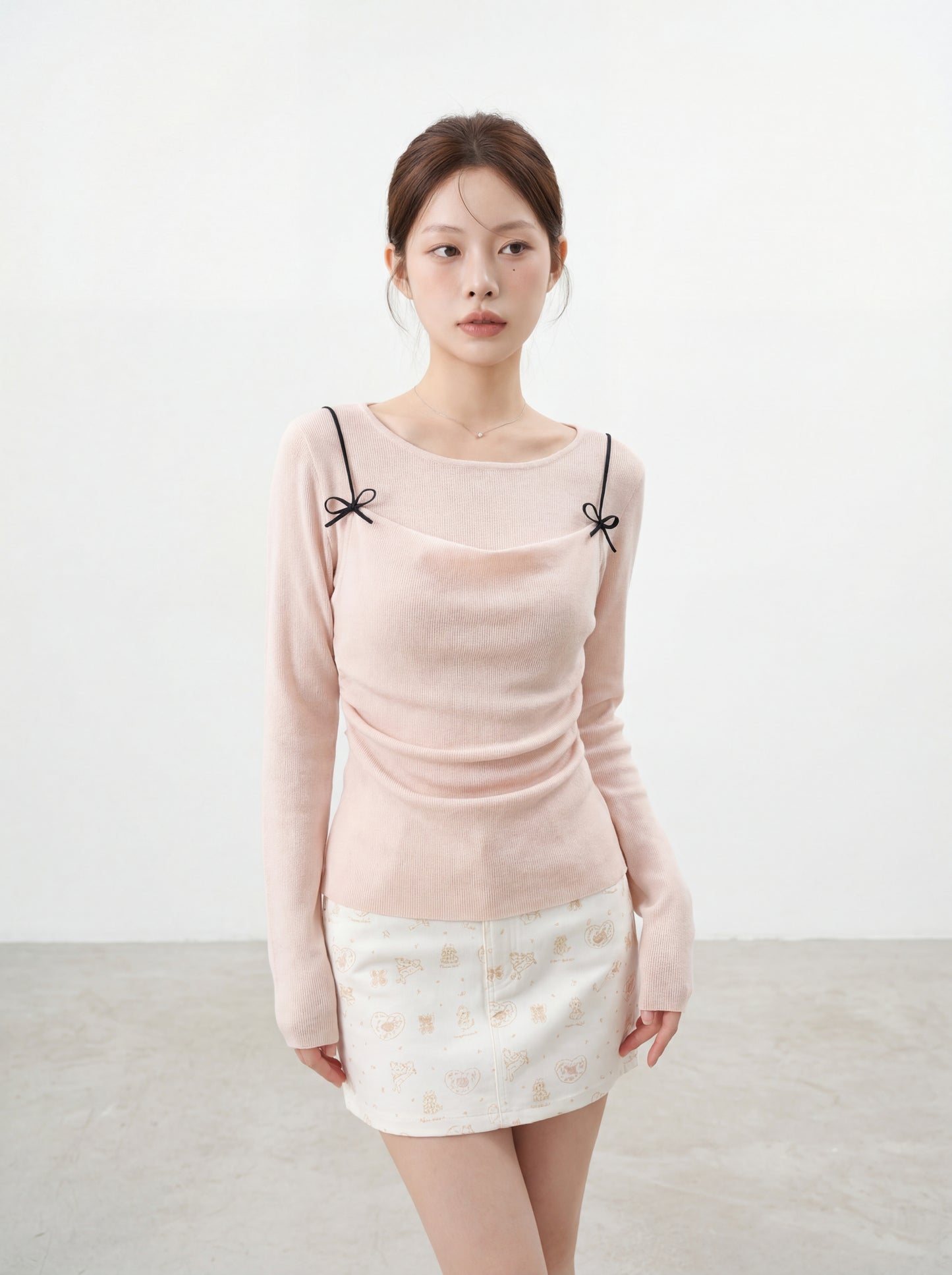 春季蝴蝶結吊帶假兩件針織衫