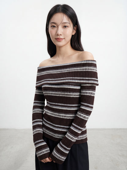 オフショルダーストライプ配色エレガントニット