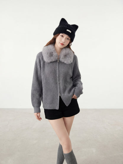 連帽大毛領雙拉鏈開衫