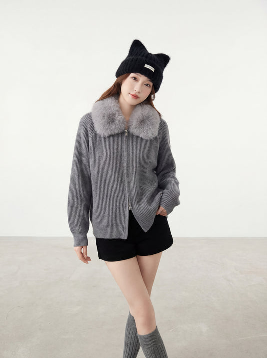 連帽大毛領雙拉鏈開衫