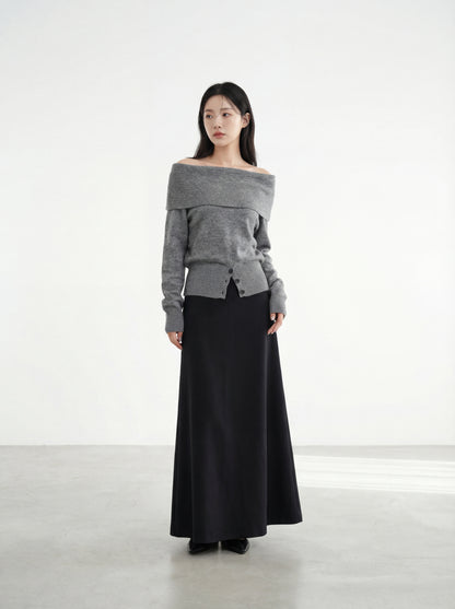 氛圍感一字領露肩長袖上衣