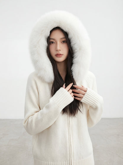 Knit Sweater with Large Fur-Trimmed Hood