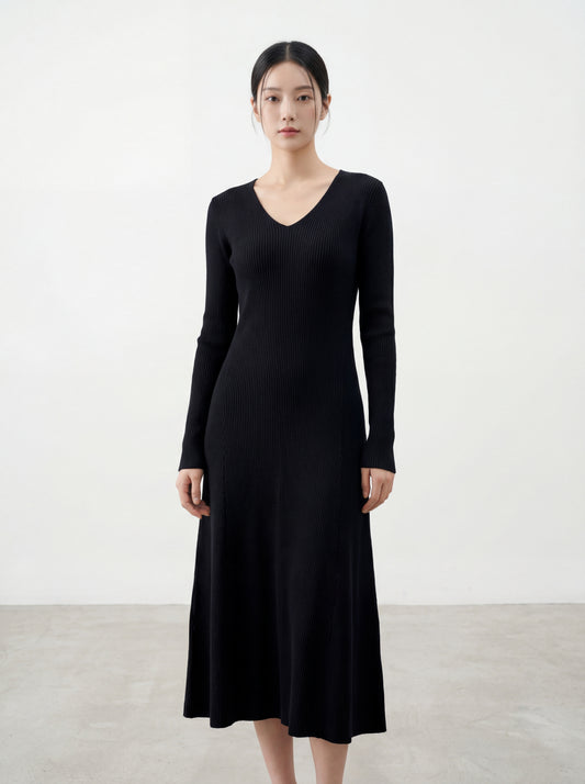 V領簡約長袖打底連身裙