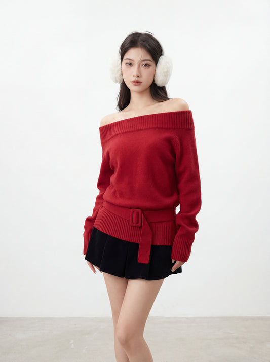 一字肩綁帶保暖毛衣
