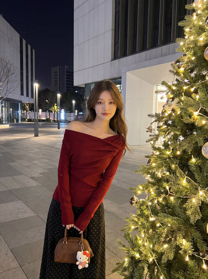 Crossed Irregular Off-Shoulder Knit Top