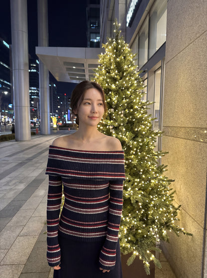 一字肩條紋撞色氣質針織衫