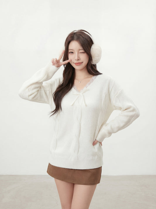 少女感蕾絲V領蝴蝶結保暖毛衣