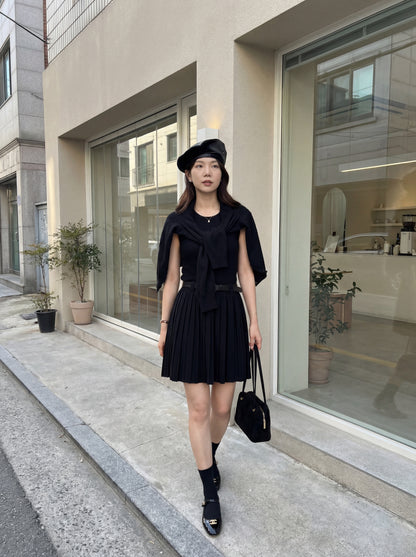 長袖針織開衫＋背心壓褶連身裙套裝