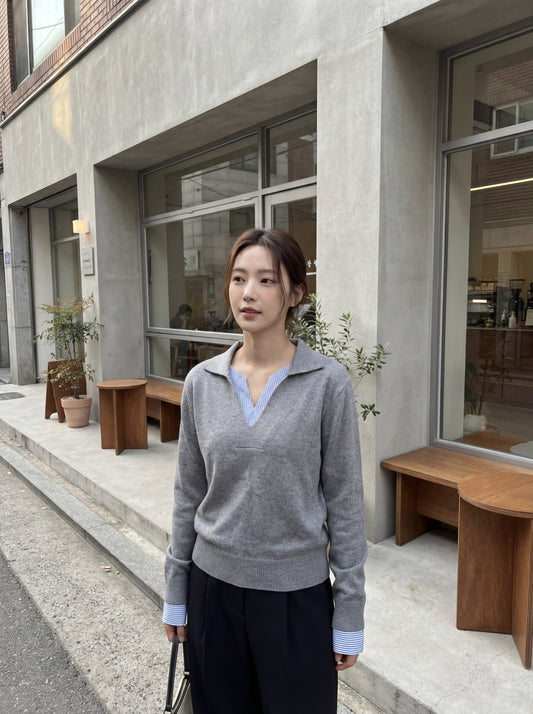 拼接假兩件條紋撞色保暖上衣