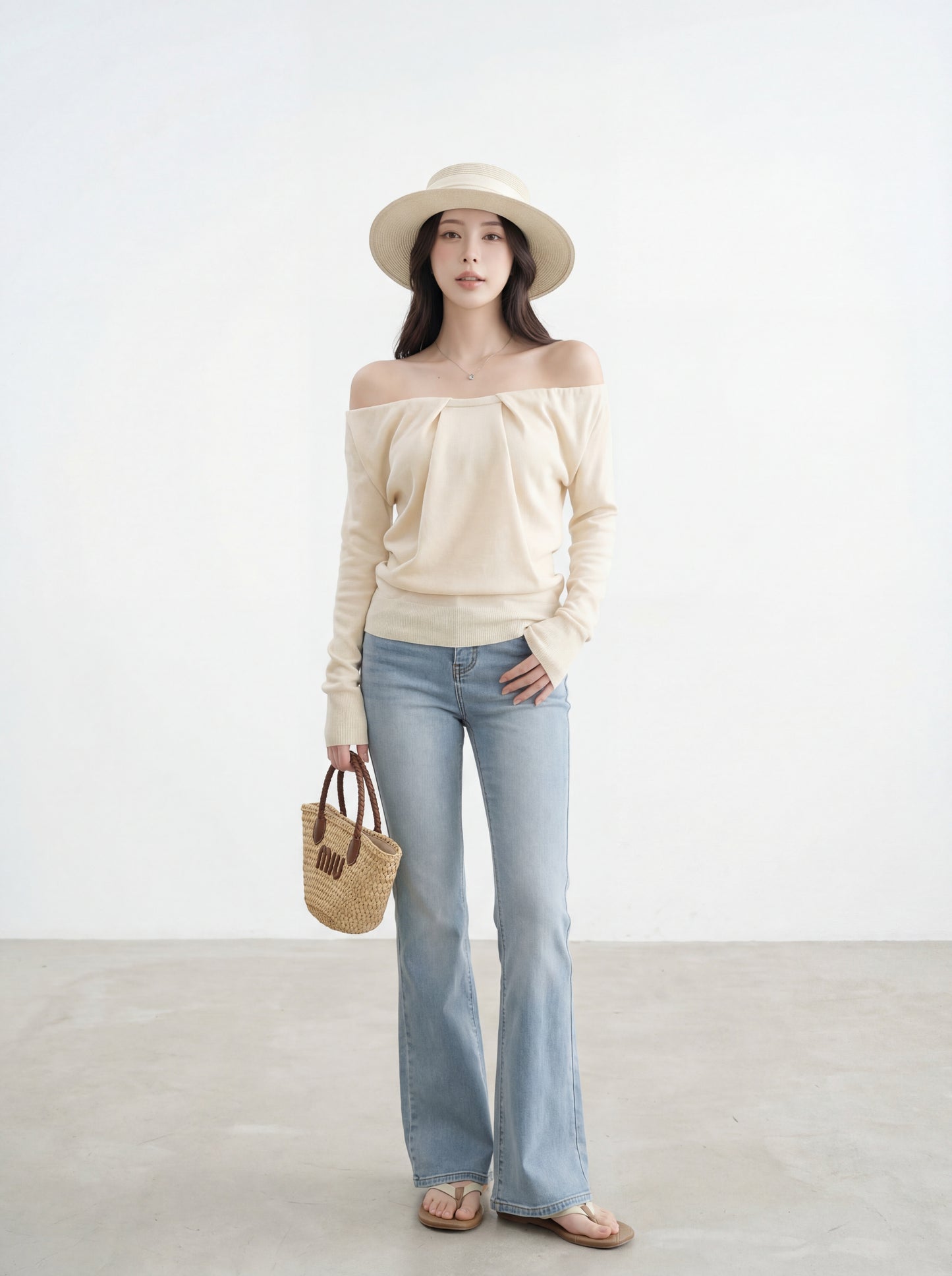 法式浪漫一字肩針織小衫