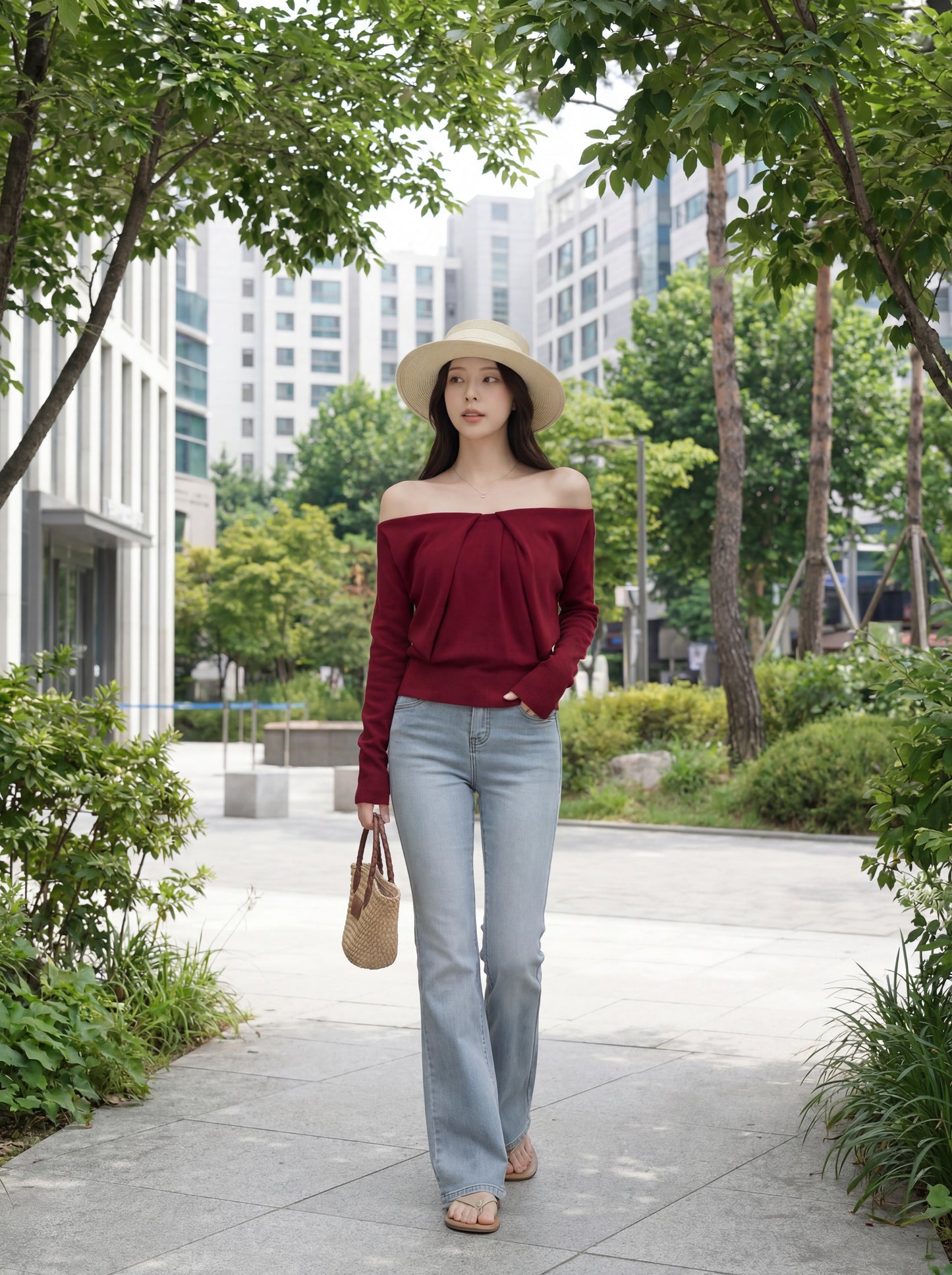 法式浪漫一字肩針織小衫