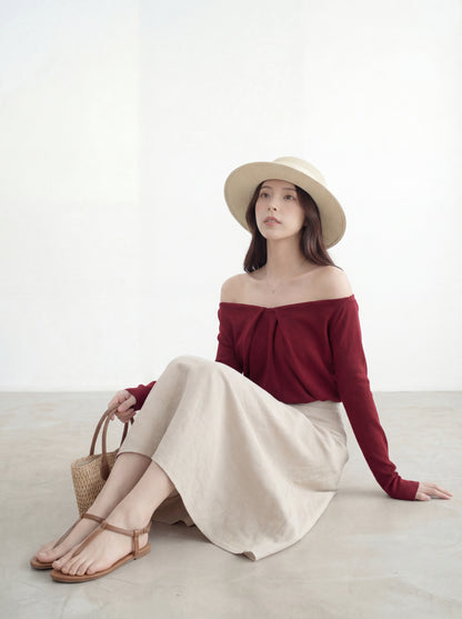 法式浪漫一字肩針織小衫