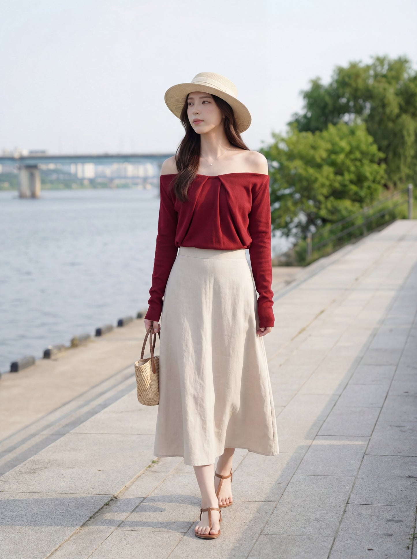 法式浪漫一字肩針織小衫