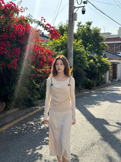 春季蝴蝶結吊帶假兩件針織衫