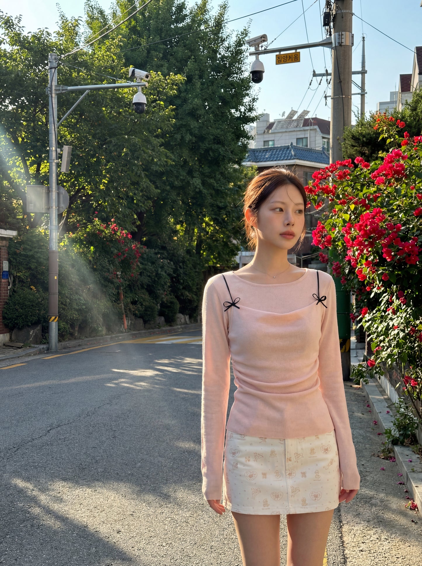 春季蝴蝶結吊帶假兩件針織衫