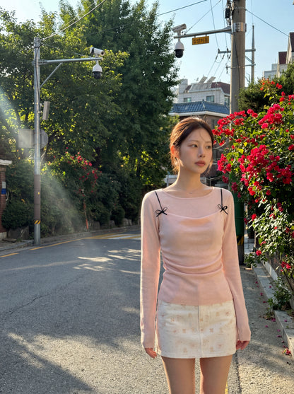 春季蝴蝶結吊帶假兩件針織衫