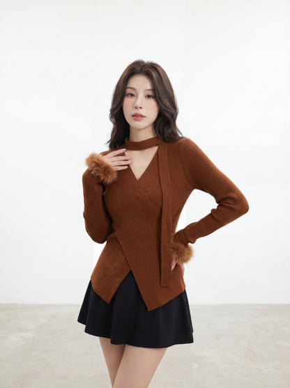 絨絨毛袖修身針織小衫