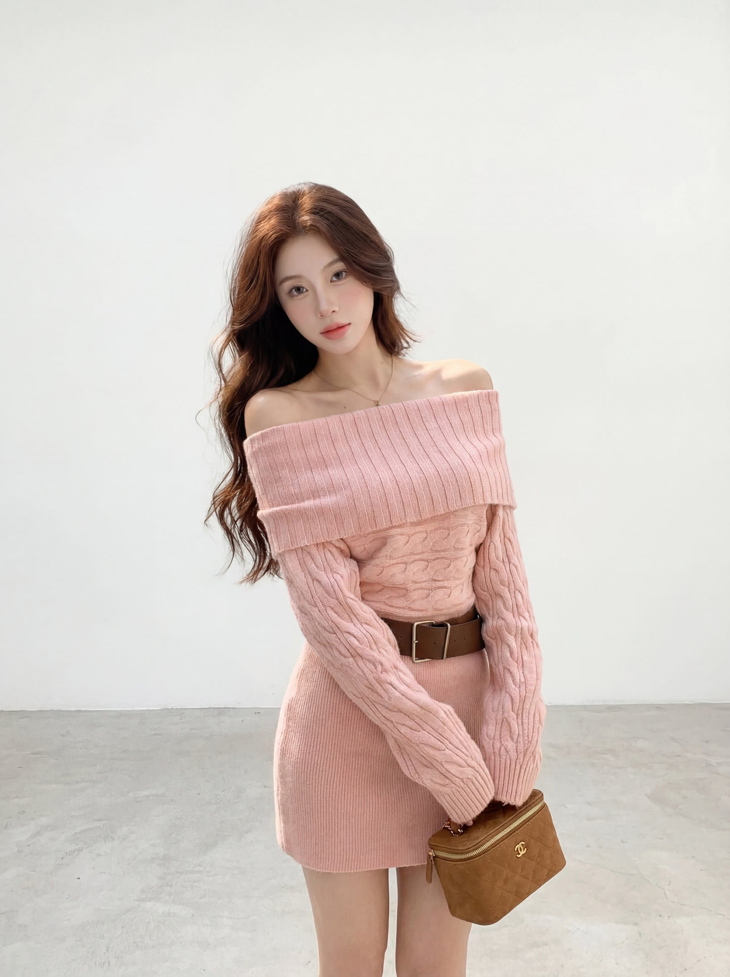 氛圍感一字肩針織連身裙