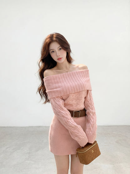 氛圍感一字肩針織連身裙
