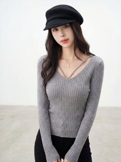 純欲感簡約V領修身針織小衫