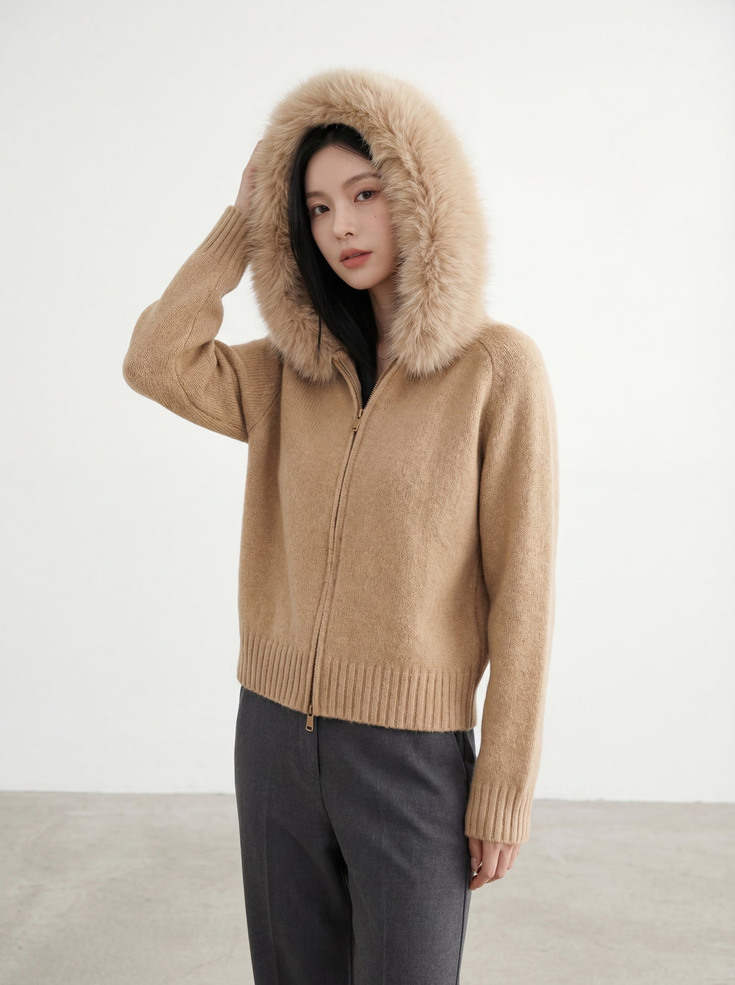 Knit Sweater with Large Fur-Trimmed Hood
