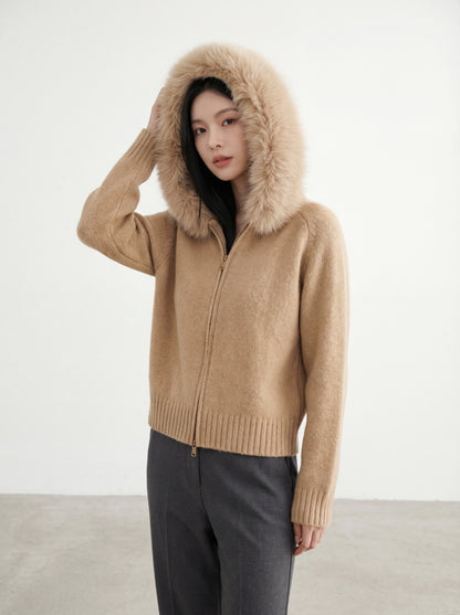 Knit Sweater with Large Fur-Trimmed Hood