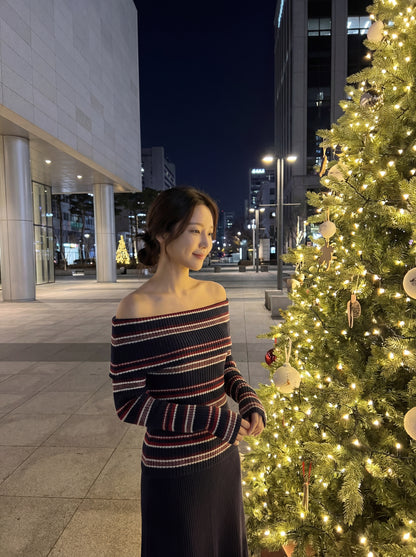 一字肩條紋撞色氣質針織衫