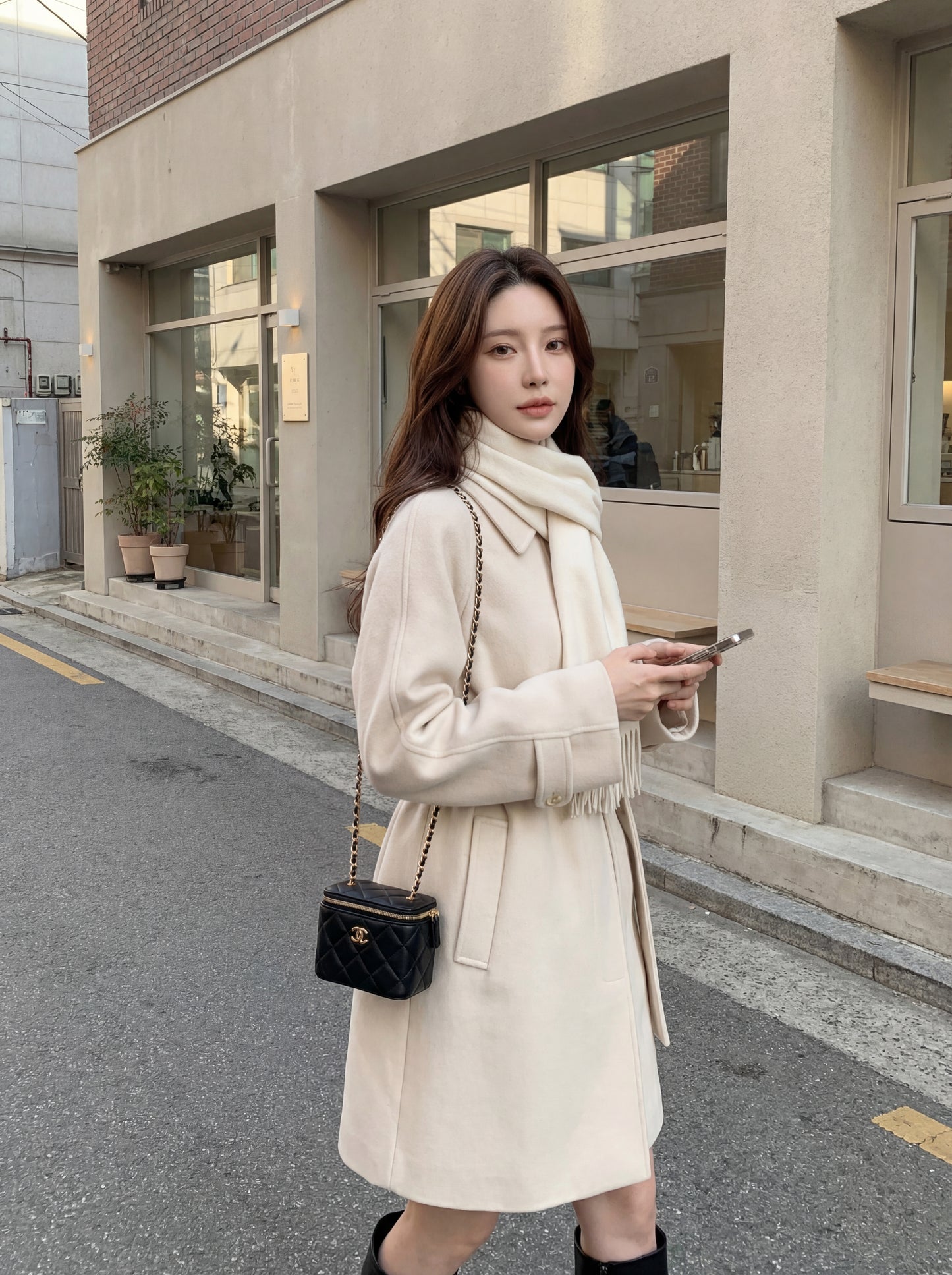 翻領系帶收腰毛呢大衣