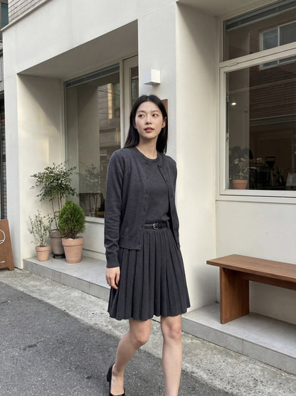 長袖針織開衫＋背心壓褶連身裙套裝