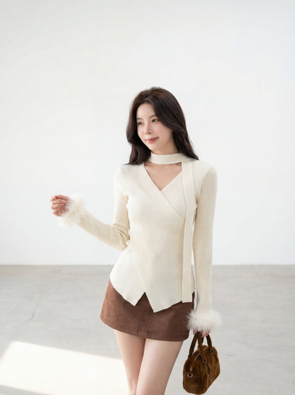 絨絨毛袖修身針織小衫