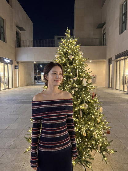 一字肩條紋撞色氣質針織衫