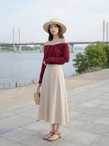 法式浪漫一字肩針織小衫