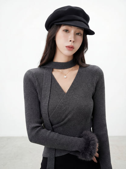 絨絨毛袖修身針織小衫