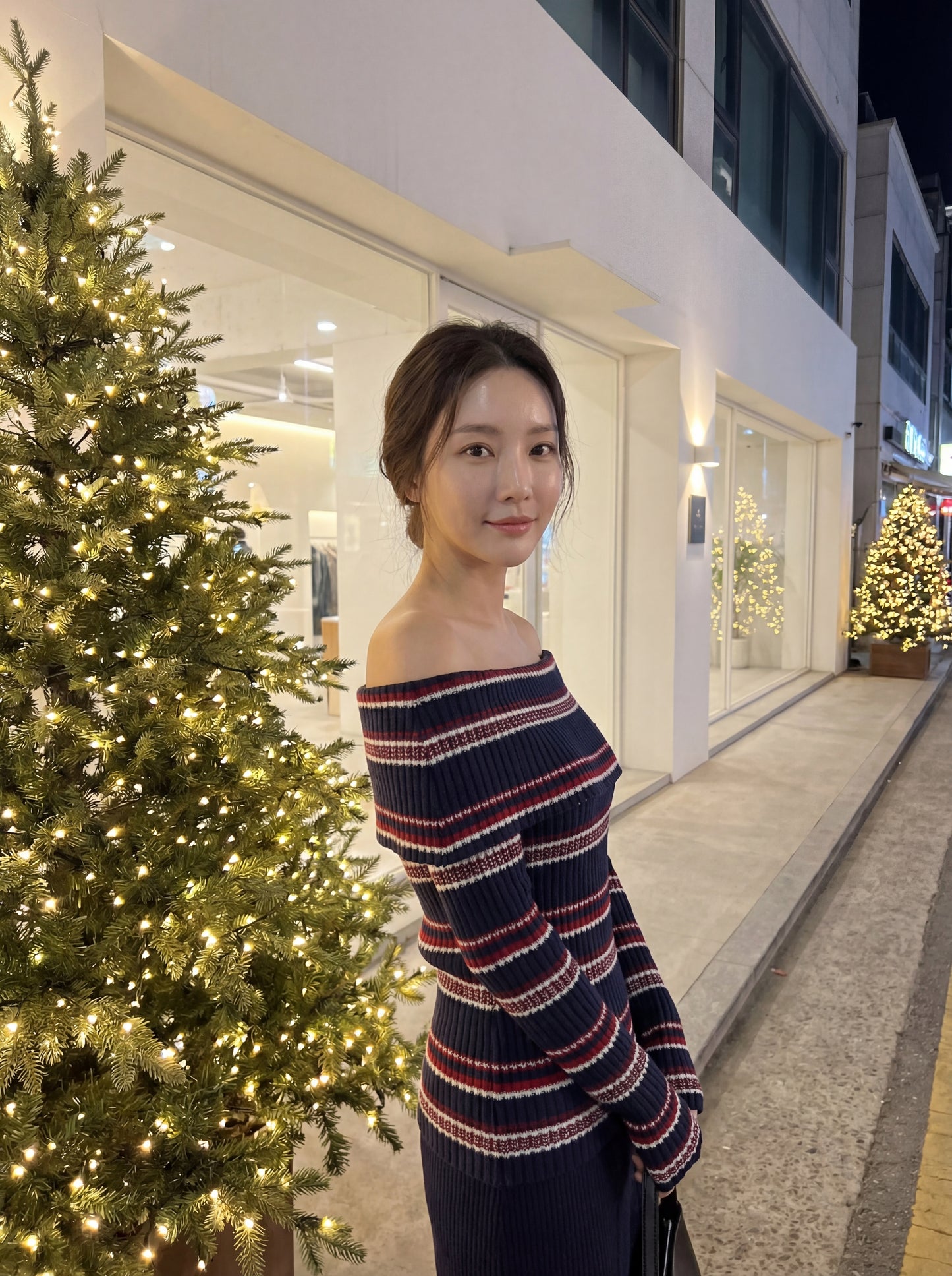 一字肩條紋撞色氣質針織衫