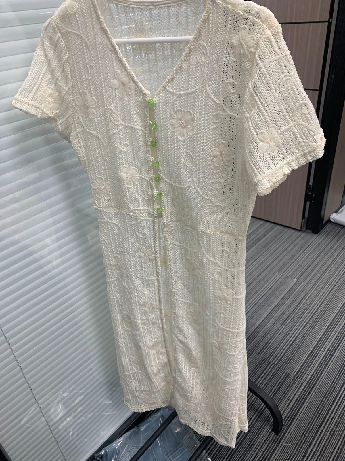 White floral lace short-sleeve dress with green buttons