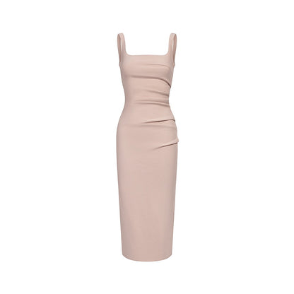 Light pink sleeveless ruched midi dress flat lay