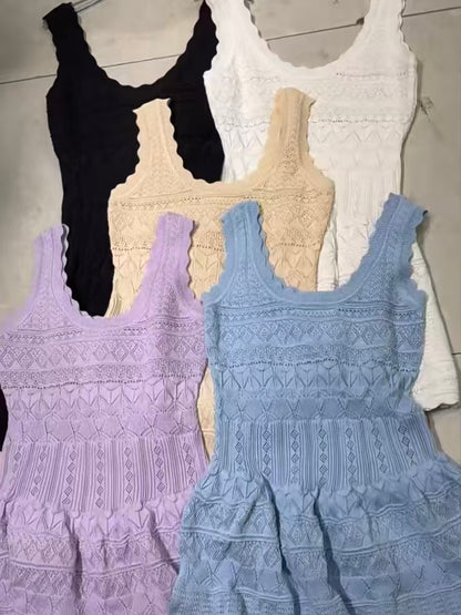 Five scalloped pointelle knit sleeveless dresses in black, white, beige, light purple, and light blue