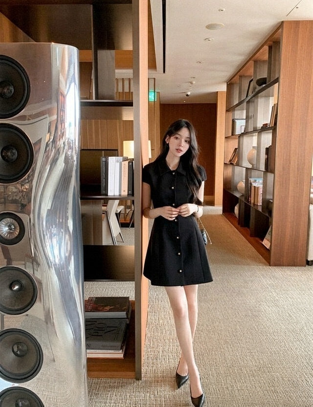 Black lapel A-line dress lifestyle view
