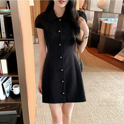 Black short-sleeve button-down dress front view