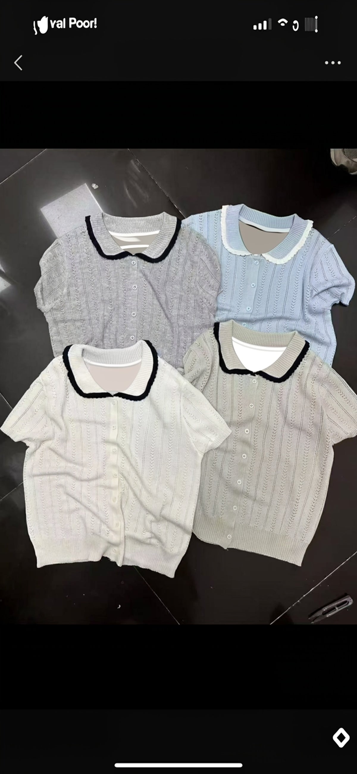 Four short-sleeved pointelle knit cardigans with lapels in light grey, light blue, off-white, and beige