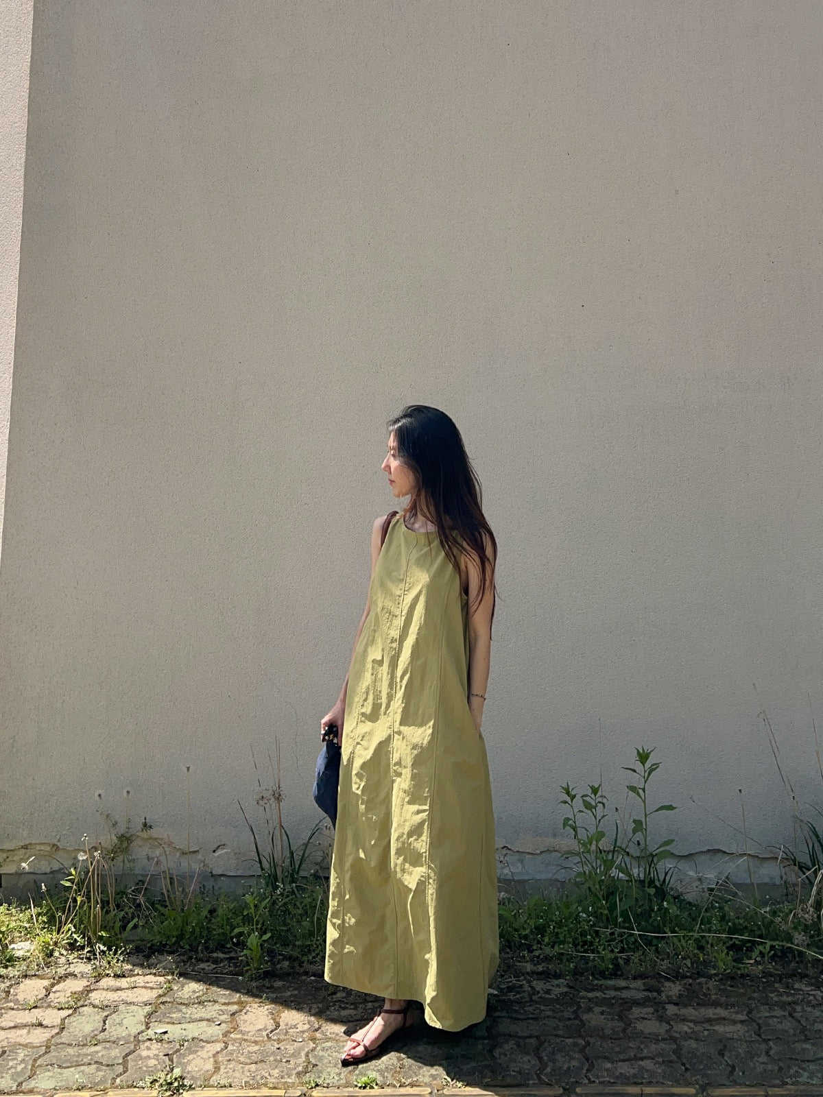 Green simple sleeveless loose maxi dress