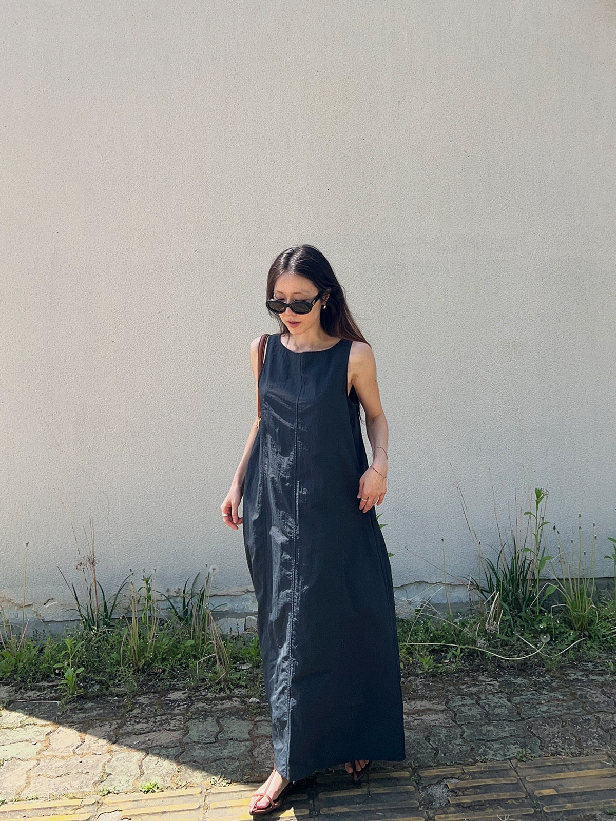 Navy simple sleeveless loose maxi dress