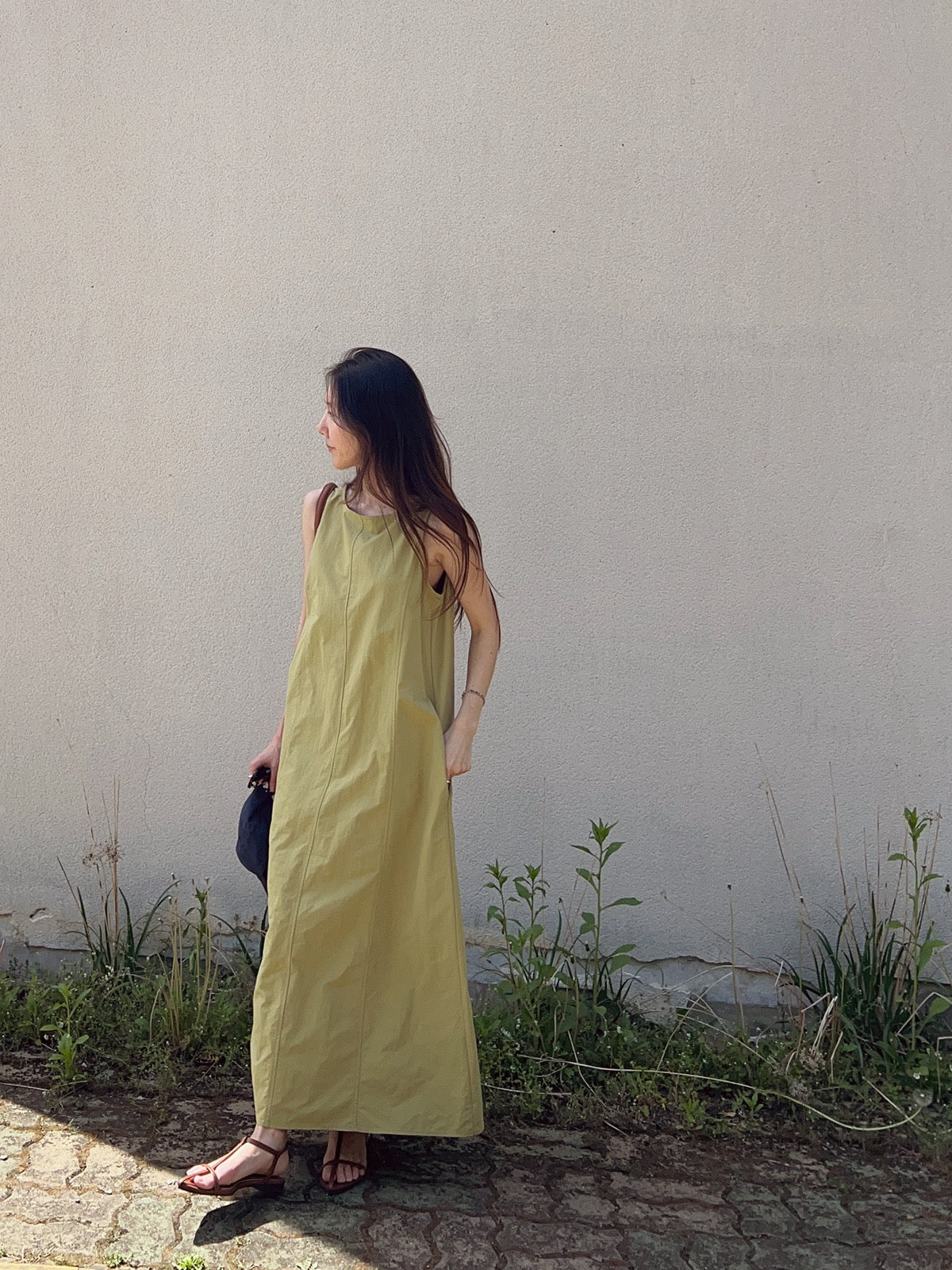 Green simple sleeveless loose maxi dress