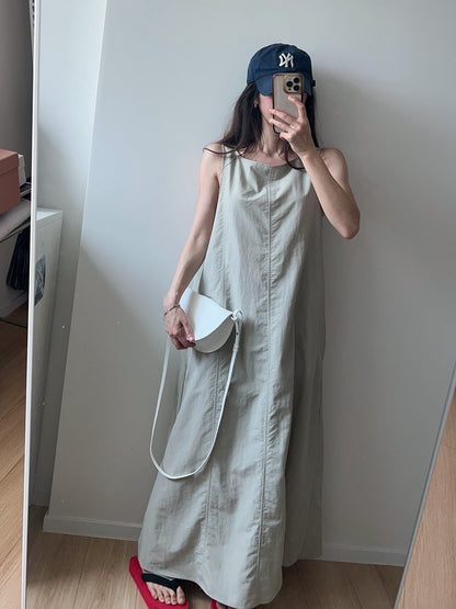 Khaki simple sleeveless loose maxi dress