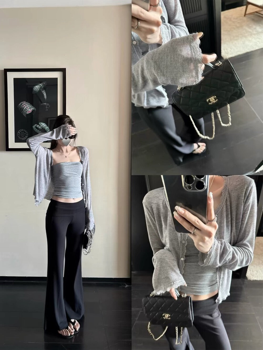 Model wearing grey lace spliced soft sunscreen cardigan