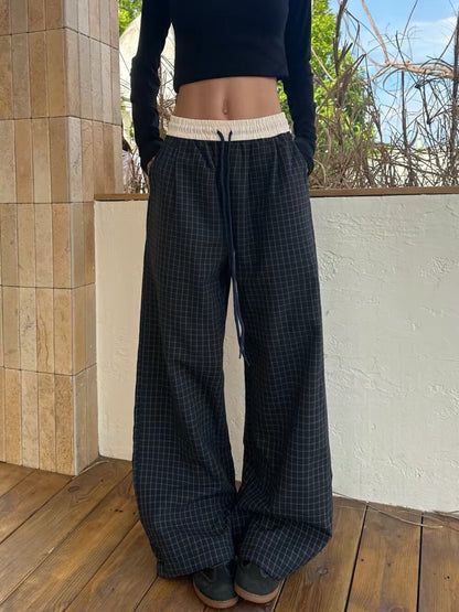 Vintage plaid loose straight casual pants front view