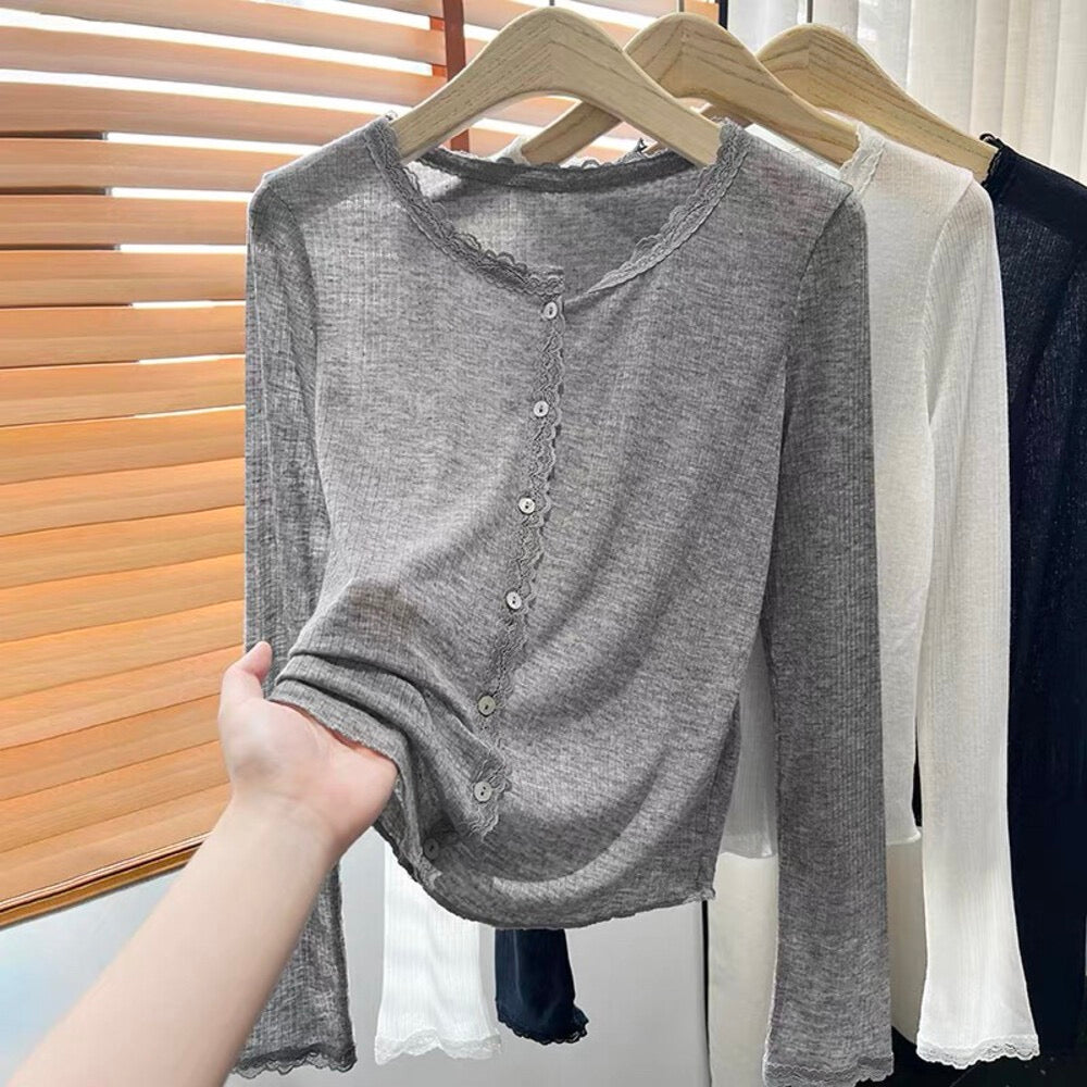 Grey lace spliced soft sunscreen cardigan on hanger