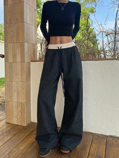 Vintage plaid loose straight casual pants styling